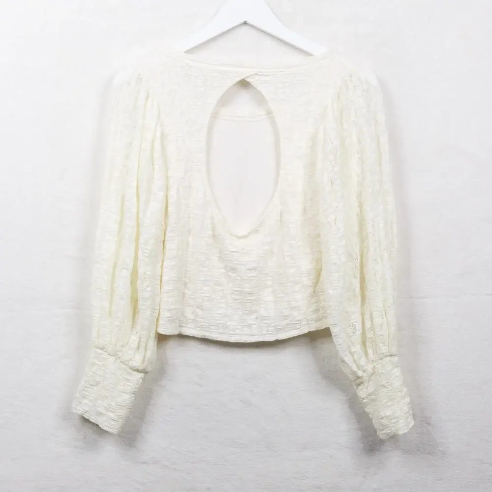 FREE PEOPLE Jasmine Lace Open Back Top‎ Puff Sleeves Balletcore Feminine Sz M